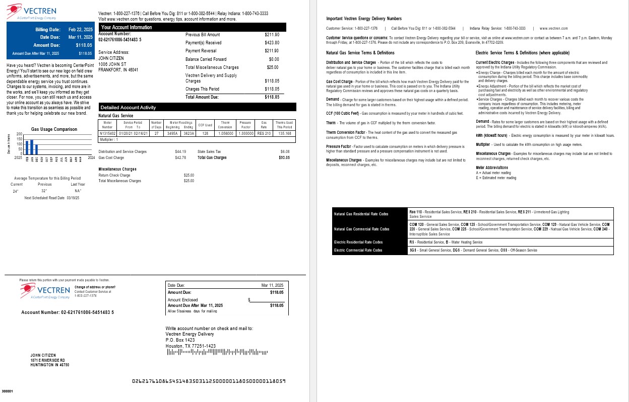 USA Ohio Vectren gas utility bill, version 2